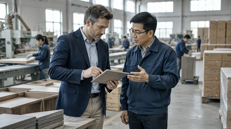 Dirigeant européen et directeur d'usine qui examinent un échantillon dans un atelier de meubles à Foshan